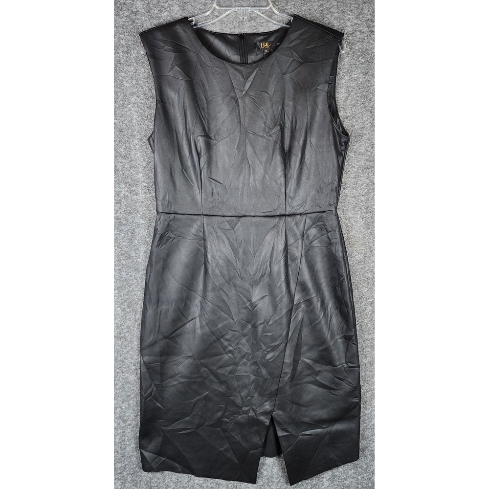 ILE New York Sheath Dress Womens 10 Black Crinkle Sleeveless Slit EUC